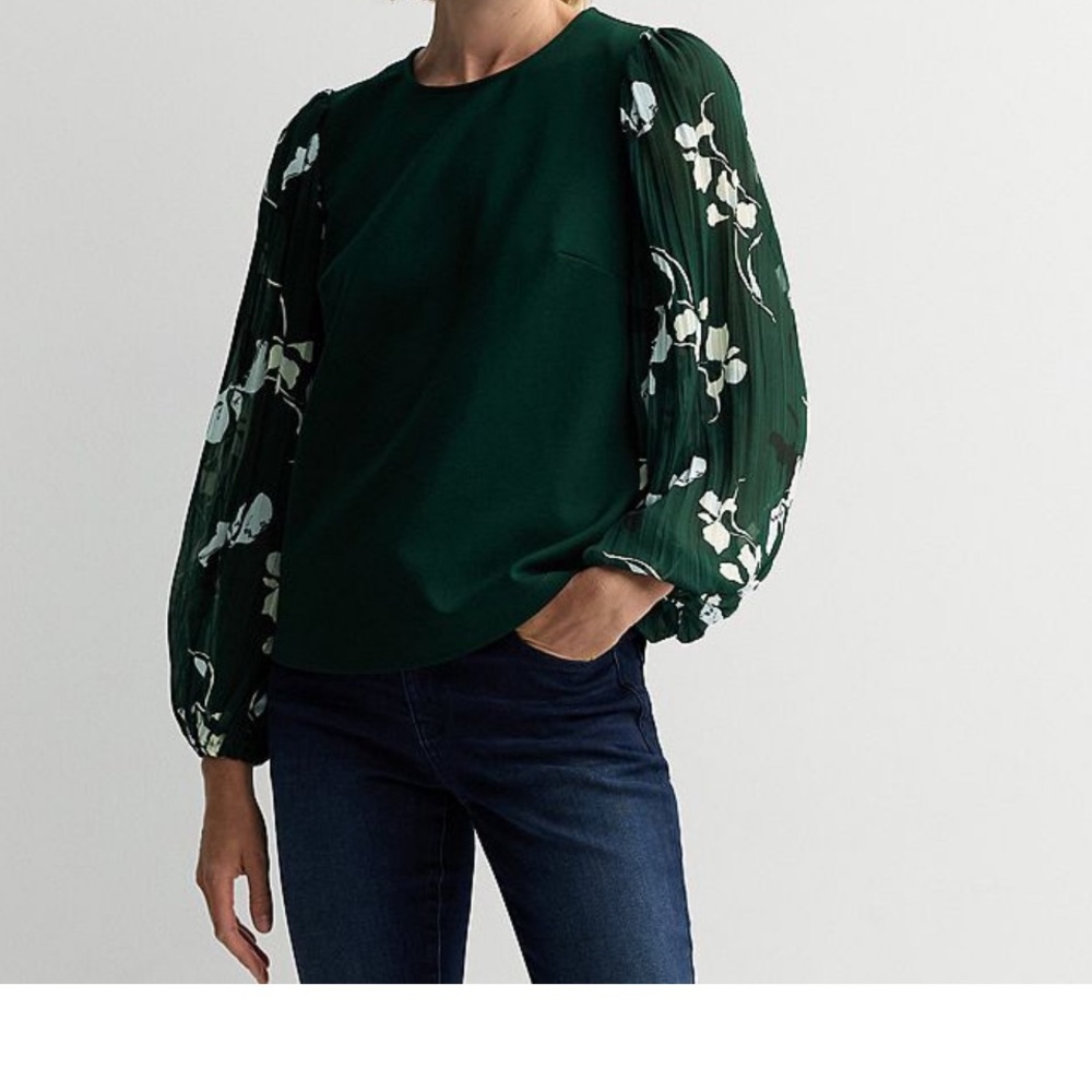 Nine West Forest Green Blouse with Patterned Sleeves